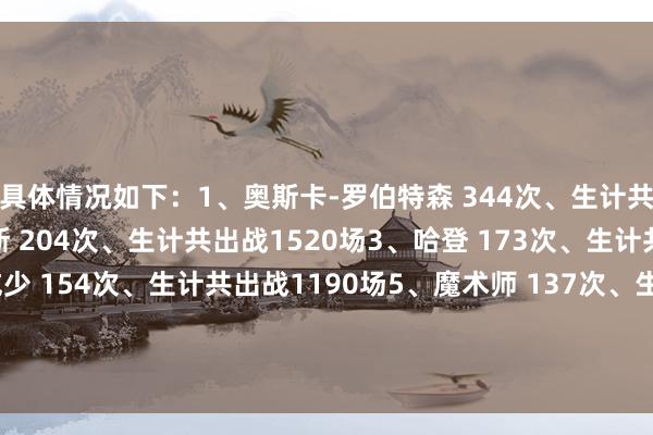 具体情况如下：1、奥斯卡-罗伯特森 344次、生计共出战1040场2、詹姆斯 204次、生计共出战1520场3、哈登 173次、生计共出战1101场4、威少 154次、生计共出战1190场5、魔术师 137次、生计共出战906场6、特雷-杨 128次、生计共出战436场    体育集锦